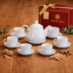 Bộ ấm trà Đức men trắng in logo