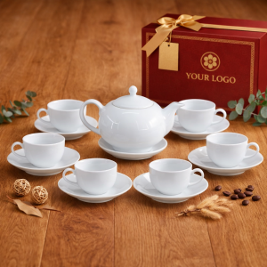 Bộ ấm trà Minh Nguyệt men trắng in logo